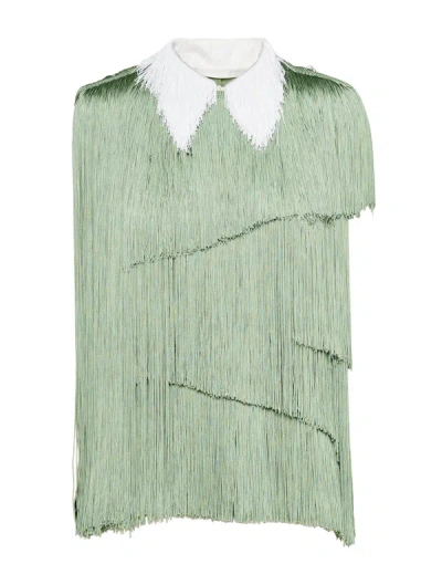 Prada Fringed Organza Blouse In Agave Green