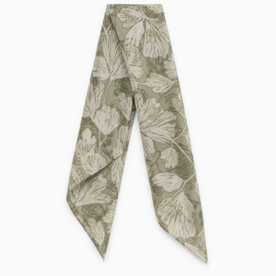 Brunello Cucinelli Green Silk Scarf With Floral Pattern In Beige
