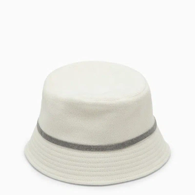 BRUNELLO CUCINELLI WHITE COTTON AND LINEN BUCKET HAT