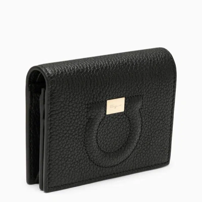 Ferragamo Small Black Leather Wallet With Logo In Multicolor