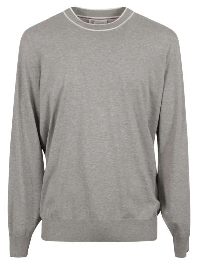 Brunello Cucinelli Rib Trim Plain Sweatshirt In Grey Chiaro