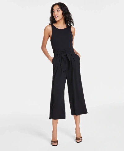 Bar Iii Women's Sleeveless Crewneck Tie-waist Jumpsuit, Regular & Petite, Created For Macy's In Deep Black