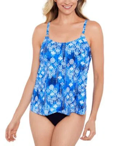 Swim Solutions Womens Printed Overlay Tankini Top Mid Rise Bikini Bottoms In Blue