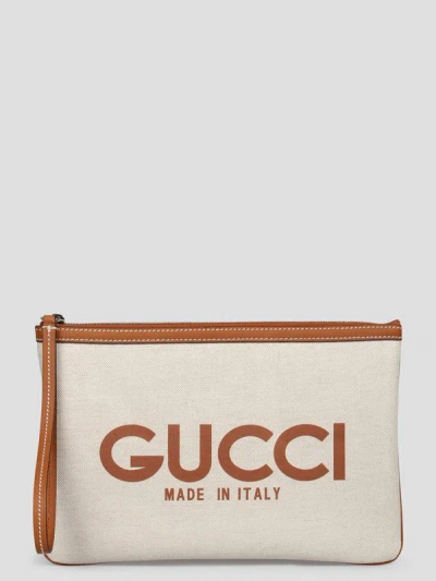 Gucci Logo-print Leather-trim Canvas Clutch In White,brown