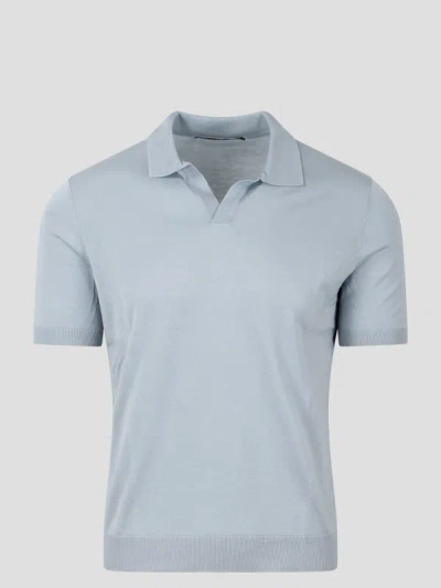 Tagliatore Open Collar Knitted Polo Shirt In Blue