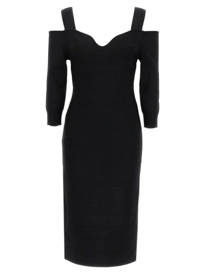 Herve Leger Notched Cold Shoulder Midi Dress In Black