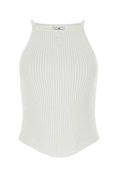 Courrèges Ribbed Texture Sleeveless High Neckline Fitted Top In Ether