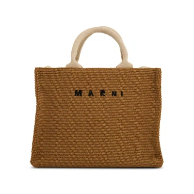 Marni Embroidered-logo Woven-raffia Tote Bag In Brown