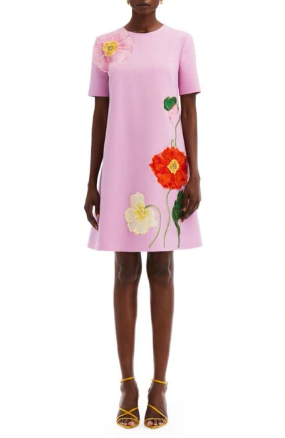 Oscar De La Renta Painted Poppies Embroidered Shift Dress In Lupine