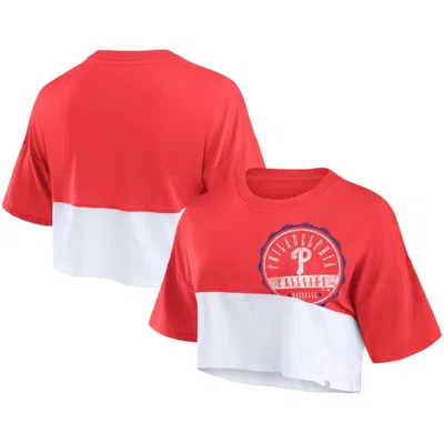 Fanatics Branded Women's Red/white Philadelphia Phillies Color Split Boxy Cropped T-shirt In Fadedwhite