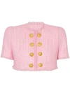 Balmain Vichy Tweed Cropped Jacket In Pink & Purple