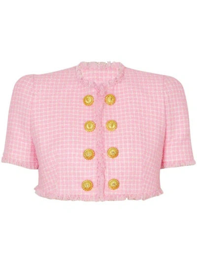 Balmain Vichy Tweed Cropped Jacket In Pink