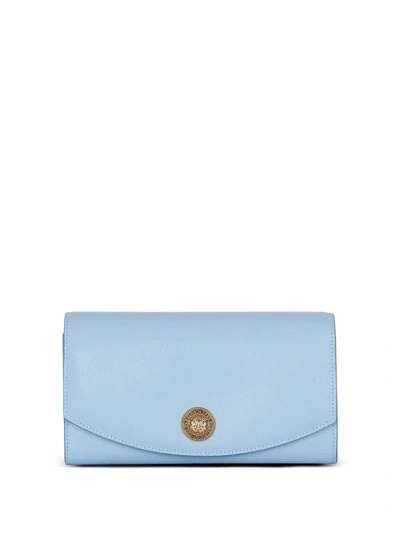 Balmain Grained Calfskin Emblème Clutch Bag In Blue