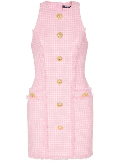 Balmain Short Dress With Embossed Buttons In Pink & Purple