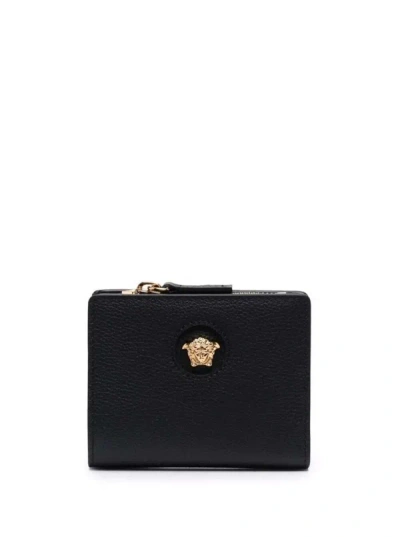 Versace Black Wallet With Medusa Patch And Snap Button In Leather Woman
