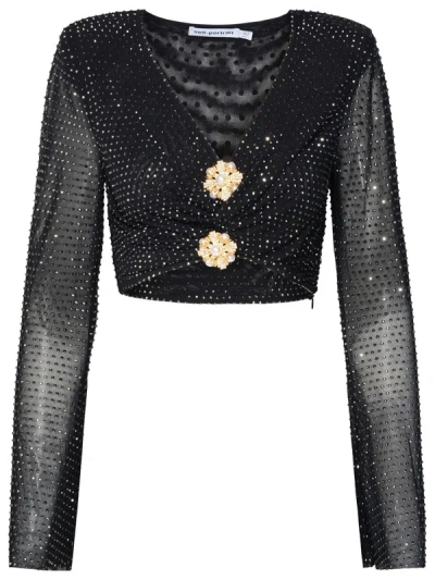 Self-portrait Rhinestone-embellished Cropped Top In Black