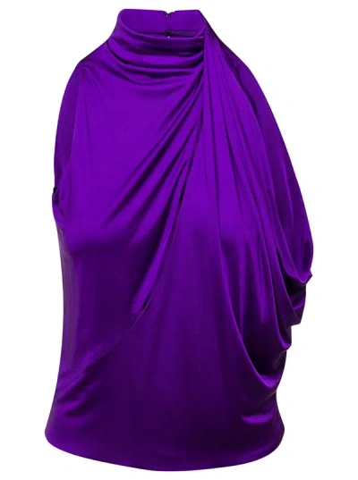 Versace Cutout Draped Sleeveless Jersey Blouse In Purple