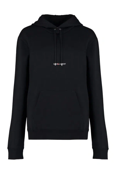 Saint Laurent Logo Cotton Hoodie In Black