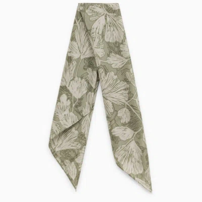 Brunello Cucinelli Green Silk Scarf With Floral Pattern In Cream