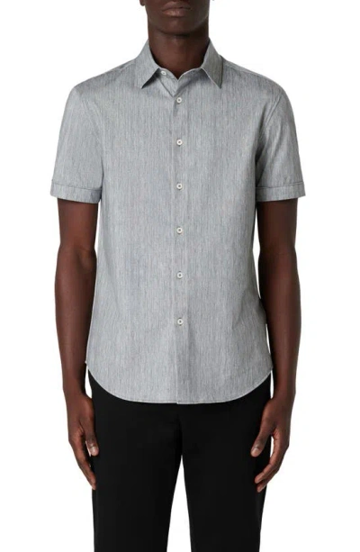 Bugatchi Miles Ooohcotton® Chambray Print Short Sleeve Button-up Shirt In Black