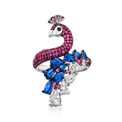 Ross-simons Simulated Multi-gemstone And . Cz Peacock Ring With Black Spinel Accents In Sterling Silver In Blue