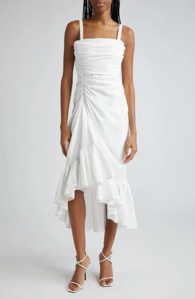 Cinq À Sept Zinnia Gathered Poplin Sleeveless High-low Midi Dress In White