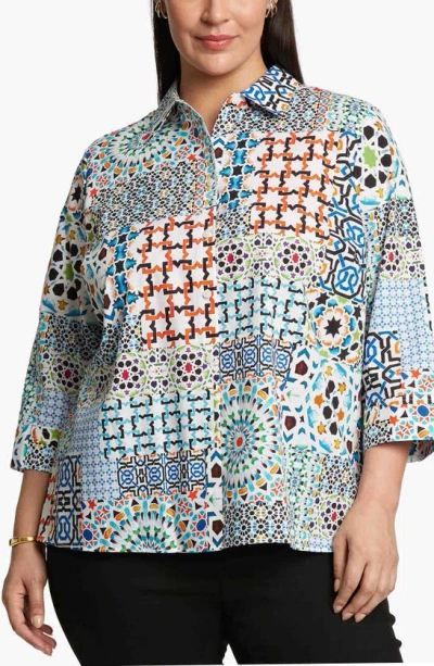 Foxcroft Kelly Mix Print Cotton Button-up Shirt In Multi Blue