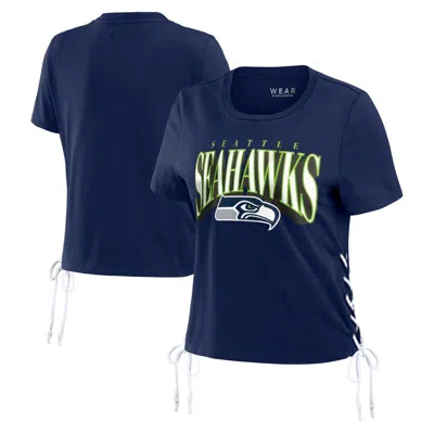 Wear By Erin Andrews College Navy Seattle Seahawks Lace Up Side Modest Cropped T-shirt