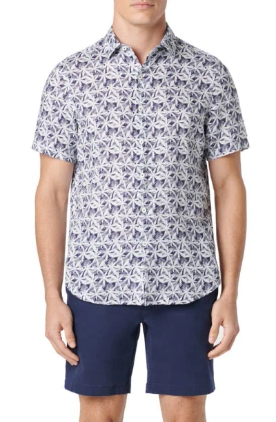 Bugatchi Orson Leaf Print Short Sleeve Linen Button-up Shirt In Navy