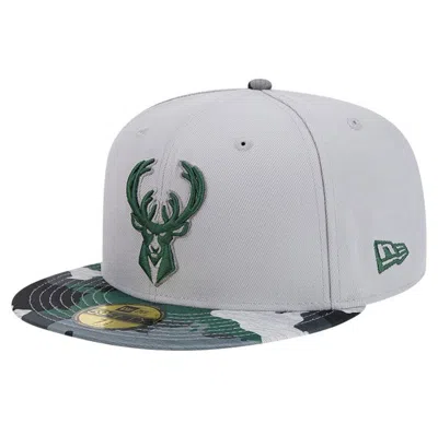 New Era Gray Milwaukee Bucks Active Color Camo Visor 59fifty Fitted Hat In Gray Camo