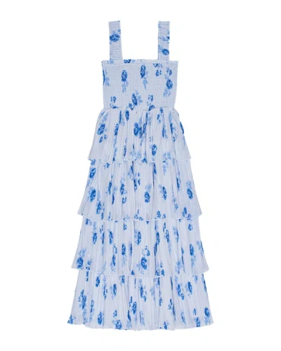 Ganni Pleated Georgette Smock Midi Dress In Blue
