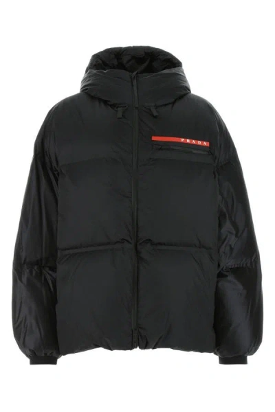 Prada Light Nylon Hooded Down Jacket In Black/gray