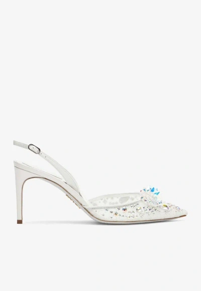 René Caovilla Cinderella 80 Crystal Flower Slingback Pumps In White