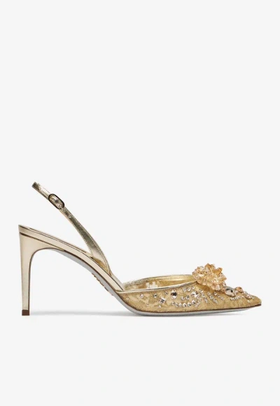 René Caovilla Cinderella 80 Crystal Flower Slingback Pumps In Gold