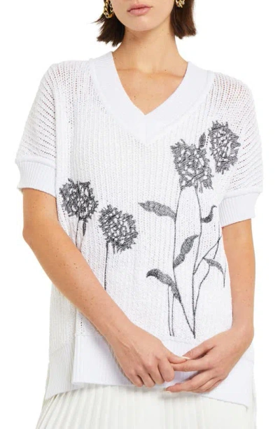Misook Floral Embroidered Short Sleeve Tunic Sweater In Black White
