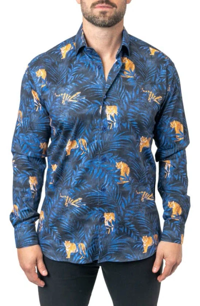 Maceoo Fibonacci Tiger Palm Contemporary Fit Button-up Shirt In Blue