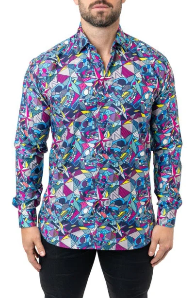 Maceoo Fibonacci Abstract Skull Cotton Button-up Shirt In Blue