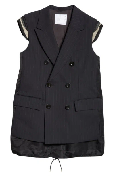 Sacai Pinstripe Mixed Media Double Breasted Vest In Navy
