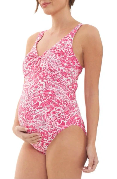 Ripe Maternity Janis Tie Front One-piece Maternity Swimsuit In Hot Pink / White