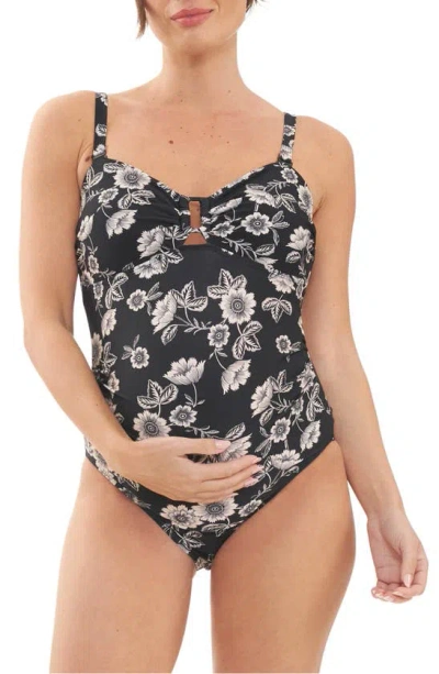 Ripe Maternity Trina Floral One-piece Maternity Swimsuit In Black / Natural