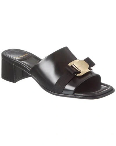 Ferragamo Vilna Leather Bow Mule Sandals In Black