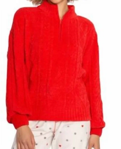 PJ SALVAGE FESTIVE CABLE KNIT QUARTER ZIP IN SCARLET