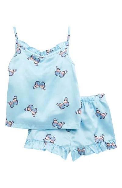 Nordstrom Kids' Ruffle Satin Shorts Pajamas In Blue Sugar Butterflies