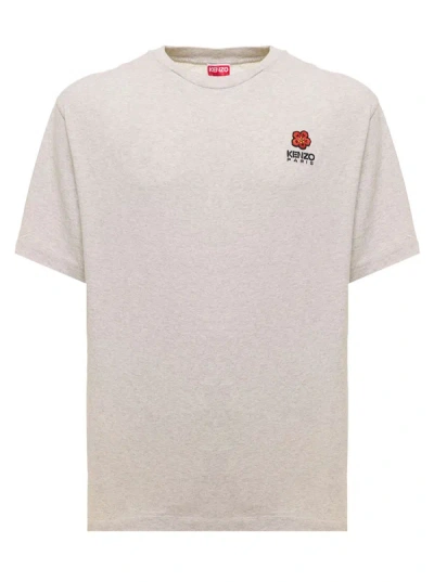 Kenzo Crest Melange Gray Cotton T-shirt With  Men's Logo Patch In Grey