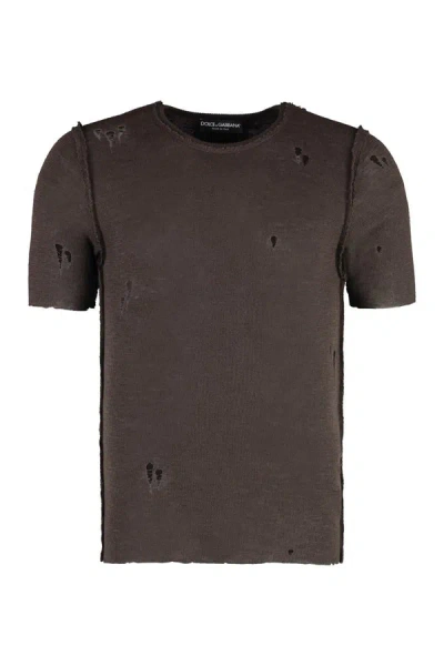 Dolce & Gabbana Worn-out Details Knit T-shirt In Brown