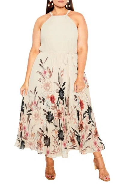 City Chic Rebecca Floral Belted Maxi Dress In Buff Botanical Bdr