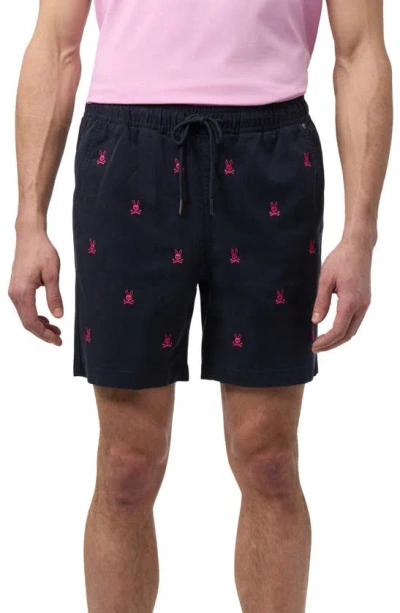 Psycho Bunny Guilford Allover Embroidered Bunny Drawstring Shorts In Navy
