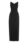 Michael Kors Black Crewneck Sleeveless Long Dress With Ruches And Ruffled Skirt In Tech Fabric Woman In Black