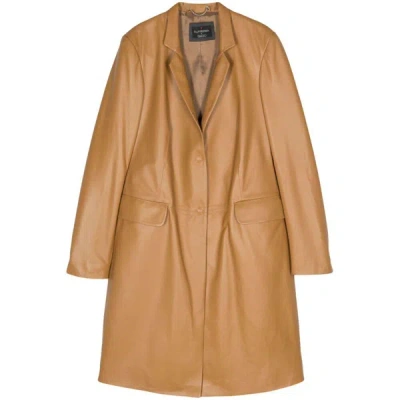 Suprema Leather Midi Coat In Brown