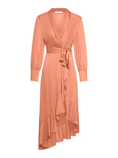 Zimmermann Blouson-sleeve Silk Wrap Midi Dress In 橘色